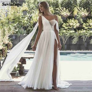 Abiti da festa Abito da sposa in chiffon spiaggia Una spalla che borda Abiti da sposa Boho Abiti da sposa sexy con spacco laterale Abiti da festa di nozze 2021 T230502