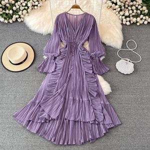 Vestidos casuais elliexi chiffon plissado vestido longo mulheres v-pescoço botões manga flare drapeado babados praia férias vestidos