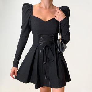 Casual Dresses Autumn Winter Long Sleeve Belt Waist Repair Women's A Line Dress 2023 Sexy Black Sweetheart Neck Lace Backless Female