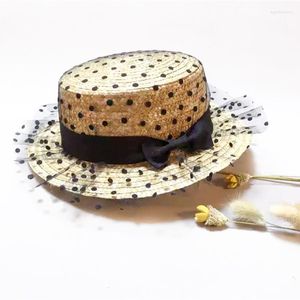 Wide Brim Hats Black Lace Sun Panama Bow Hand Made Women Flat Bowknot Straw Cap Beach Big Hat Casual Girl Summer Eger22