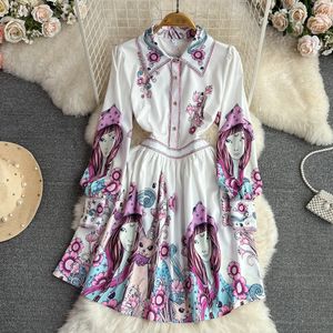 2023 Summer Retro Palace Style Dress Temperament Long sleeved Polo Neck Wrapped Waist for Slim Fit Printed A-line Shirt Dress