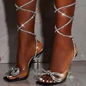 Sandals Comemore Summer 2023 Thigh Clear High Heel Sexy Strappy Heels Women Shoes Fashion Crystal Bow Party Pumps Lady Slides 43Sandals