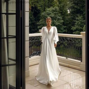 Festklänningar Elegant Chiffon Wedding Dress 2023 Simple V-Neck Long Puff Sleeves White Bride Downs For Women Modern Robe de Marie Sweep Train T230502