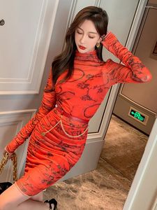Casual Dresses Elegant Sexy Mini For Woman 2023 Red Perspective Mesh Folds Pleated Long Sleeve Belt Skinny Vestido Street Party Clothes