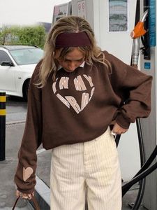 Bluzy damskie Brown vintage pullover bluzy oversized koreańsko -mody crewneck z długim rękawem jesienne pulourki kobiety swobodne streetwear