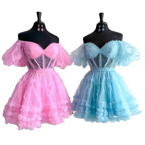 Pink Homecoming Dress 2k23 Short Hoco Ruffed Ballon Sleeves Sheer Corset Drama Graduation Cocktail Party Wedding Guest Holiday Club Black-Tie Gala Light Blue