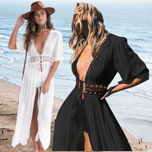 Women's Swimwear Beach Fashion Long Maxi Dress Women Beach Cover Up Outing Tunic Pareo White V Neck Dresses Robe Swimsuit 2022 New Beachwear Y23