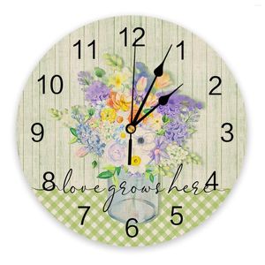 Orologi da parete Primavera Orologio floreale scozzese acquerello Silenzioso digitale per la decorazione del soggiorno della cucina della camera da letto di casa