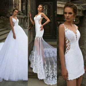 Abiti da festa Verngo Abito da sposa corto moderno a sirena Treno staccabile Tre pezzi 3 in 1 Applique in pizzo Abito da sposa senza schienale con scollo a V T230502