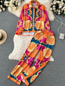 レディースツーピースパンツファッション女性カジュアルエレガントなフローラルズボンスーツルーズシャツブラウスワイドレッグパンツスーツ女性シックアウター2