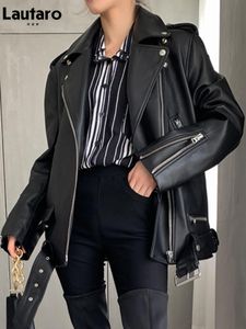 JACETAS LAUTARO Autumn Womens Leather Motorcycle Jacket Zipper Zipper Longa Longa Pesquisa Vermelha Red Black Soft Casaco de couro Faux For Women 2021