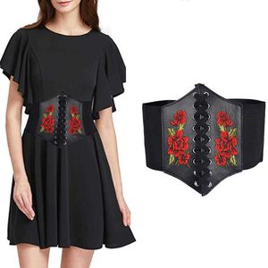 Andere Mode-Accessoires Rose bestickt PU-Leder schwarz Stretch-Gürtel Damen Luxus-Design Mode Freizeitkleid Lace Up Korsett Gothic Bohemian Gürtel J230502