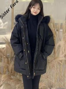 Trench feminina casacos irmã fara 90% pato branco no inverno parka puffer feminino pocket jej de comprimento com capa de pele removível