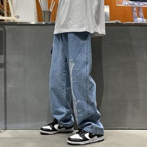 Herr jeans skelett tryckt män bred ben denim last byxor mäns lösa raka neutrala streetwear hip hop byxor