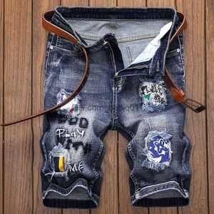 Shorts masculinos verão novo short de jeans masculino lavado retro divertido graffiti impressão de jeans rasgados shorts shorts no joelho Slim confortável Bermuda T230502