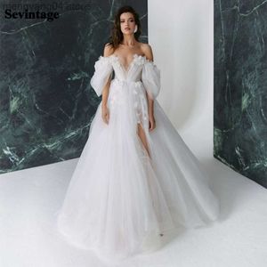 Party Dresses Sevintage High Side Split Wedding Dresses V-Neck Puffy Sleeve Ball Gown Brides Gown Lace Applicques 3D Flowers Princess Dress T230502