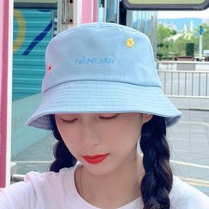 Berets Foux Bucket Women Summer Thin Letter Flower Embroidery Cute Pure Color Cotton Adjustable Korea Japanese Style Fashion 2023