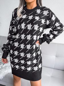 カジュアルドレスハウンドトゥースニットセータードレス女性秋のファッションOネックランタン長袖ブラックミニレディエレガントベーシックトップ