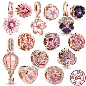 925 Sterling Silver Pandora Charm różowa stokrotka kwiaty Cherry Blossom perły koraliki nadaje się do prymitywnej bransoletki DIY damska biżuteria akcesoria mody