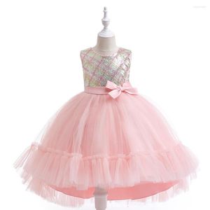 Girl Dresses Pink Sequins Flower Dress Children Ballgown Hi-Lo Tulle Tutu Clothes For 4-8Years First Communion Pageant Gown Vestidos