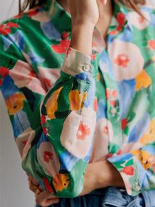 Kadın Bluzları Kadın Çiçek Baskı Bluz İpek Pamuk Karışır Hafif Bir Hafif Şeffaf Üst ​​Dönüş Yakası Tek Göğüslü Bayan