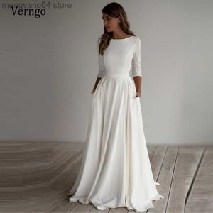 Vestidos de festa verngo vestido de noiva simples mangas compridas uma linha crepe boat pescoço vestidos de noiva elegantes com bolsos de plástico de tamanho de mariee t230502