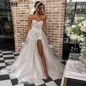 Partykleider Sexy Strand Brautkleider für die Braut Elegante Spitze Boho Brautkleider Trägerlos Ärmellos Hoch Split Prinzessin Kleider 2021 T230502