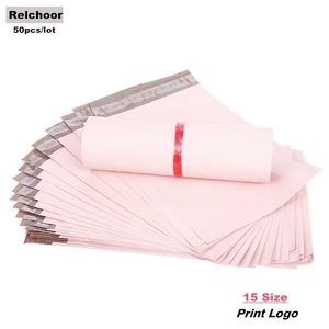 Posta Çantaları 50pcs Pembe Poli Poster Su geçirmez Posta Zarfları Kendinden Seal Post Transport Conclicken Courier Çantası 16 Boyutlar 230428