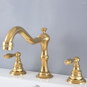Bathroom Sink Faucets Polished Gold Color Brass Deck Mounted Dual Handles Widespread 3 Holes Basin Faucet Mixer Water Taps Mnf984