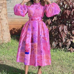 Casual Kleider 2023 Frauen Mode Temperament Gedruckt Stehkragen Puffärmel African Style Lady Mid Long Dress