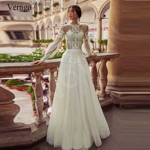 Party Dresses Verngo Elegant Boho Puffy Sleeve Dot Tulle Lace Wedding Dresses for Bridal Long Sleeve Vintage Buttons Back 2022 Bride Gown T230502