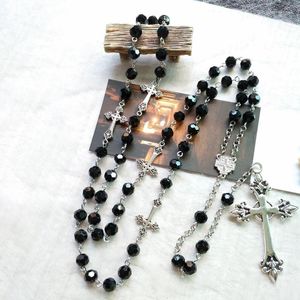 Chains Gothic Black Crystal Bead Cross Rosary Style Long Necklace Beaded Pendant Fit For Men Women Religious Jewelry