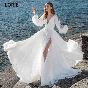 Party Dresses Beach Chiffon Wedding Dresses White 2020 Long Puffy Sleeve V-Neck High Slit Brudklänningar Öppna Back Wedding Party Dresses T230502