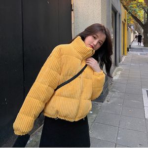 Parkas 2021 New Winter Corduroy Jacket Short Women, estilo coreano zíper grosso de algodão parkas stand color casacos de bolhas de roupas quentes de roupas