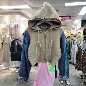 Women's Jackets Fall 2023 Cowboy Sleeve Spell Draw String Zipper Hooded Knitted Vest Female Coat Design Brief Paragraph Jacket Women