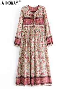 Klänningar multi blommor tryck vintage kvinnor slips hals tass strand bohemian maxi klänningar mantel damer rayon bomull boho klänning vestidos