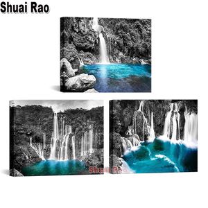 Stitch 3 Piece Diamond Painting Black White Forest with Teal Blue Waterfall Landscape Picture Diamond Mosaic Turquoise Artwork Home Art