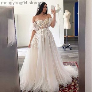 Sukienki imprezowe Krótkie rękawy puchowe 3D koronkowe sukienki ślubne szampana aplikacje tiulowe Formalne suknie ślubne Women 2023 T230502