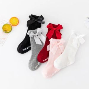 Big Bow Socks Designer Cotton Cotton Cotddler Meia Solid Color Kids Anti Slip Slip Slip Children Tube Fashion Fashion Footwear 5 Cores Opcional