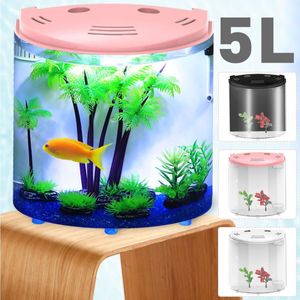Tanks Nya 5L Fish Tank Aquariums USB LED Half Moon Mini Aquarium Akryl Stora kapacitet Hemmakontor Desktop Aquatic Fish Pet Supplies