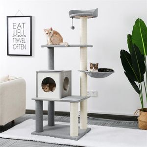Scratchers Ücretsiz Nakliye Çok Dilimli Kedi Ağacı Modern Kedi Kulesi Ahşap Post Post Kınamak Hammock ve Asma Top Gri