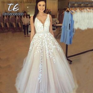 Party Dresses V Neck Wedding Dresses 2022 Light Champagne Floor Length Applique Open Back Tulle A Line Backless Bridal Gowns Vestido De Noiva T230502