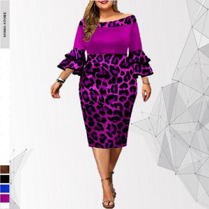 Dresses 2022 Leopard Printed Plus Size Women Clothing Chic Flare Sleeve Dresses Ladies Evening Dress 5xl Elegant Midi Length Wholesale