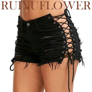 Mulheres Shorts Verão Senhora Sexy Casual Splicing Elevador Hip Cintura Alta Oco Tether Denim Calças De Praia Mini Jeans Traje Mulheres Roupas 230428