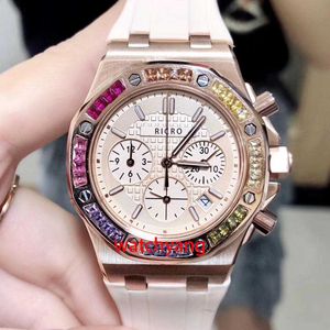 Orologio da donna di design cinturino in caucciù da 37 mm in acciaio inossidabile con movimento al quarzo a sei perni a specchio con zaffiro diamantato