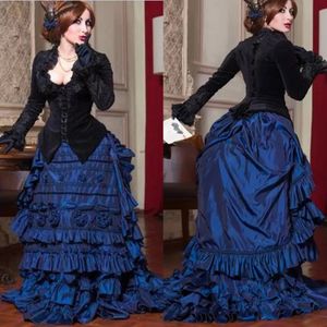 Vintage Gothic Victorian Bustle Evening dresses Black Navy Blue Taffeta Long Sleeves Corset Rose Flower Prom Occasion Gown