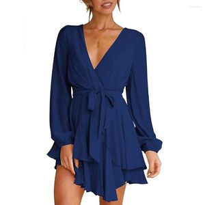 Abiti casual Autunno Elegante A-line Ruffles Women Dress Sexy Scollo a V manica lunga Lace-up Slim Mini Party per donna 2023Robe Femme