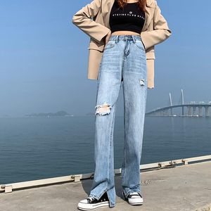 Dżinsy damskie Vintage Ubrania streetwearne Bell Domowe spodnie rozerwane dla kobiet rozcięte dżinsowe spodnie wysoko pasażerskie płomienie prosto