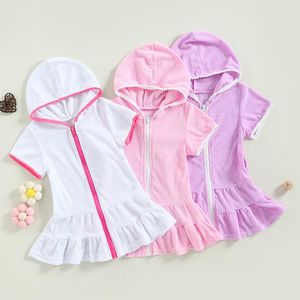 Girl Dresses Focusnorm 2-11y Toddler Kids Girls Swimewear Cover Up Dress Short Sleeve Zip Ruffles Solid Beach för