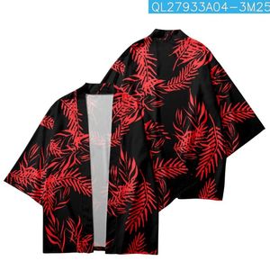 エスニック服の赤い葉印刷された黒いゆるい夏の日本の着物街枢機swearカーディガンローブ女性男性haoriトップユカタ